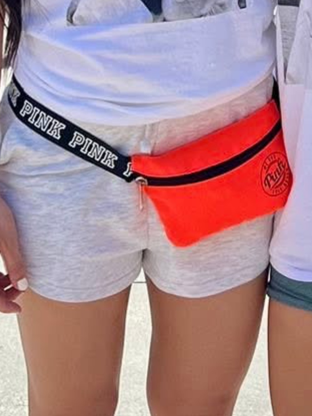 PINK Neon Orange Belt Bag with Black Logo Strap